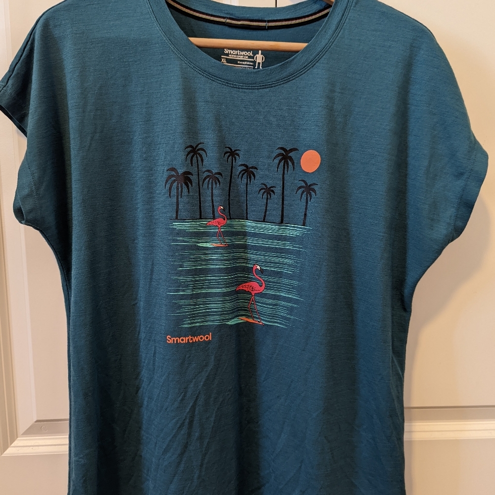 Smartwool Merino Sport 150, Green and pink flamingo shirt, women's xl